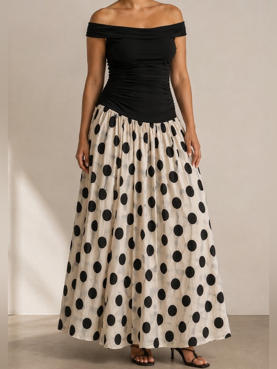 Socialite Dresses & Skirts - Off Shoulder Ruched Polka Dot Full Skirt Maxi Dress Romantic Retro Black Off-Sho